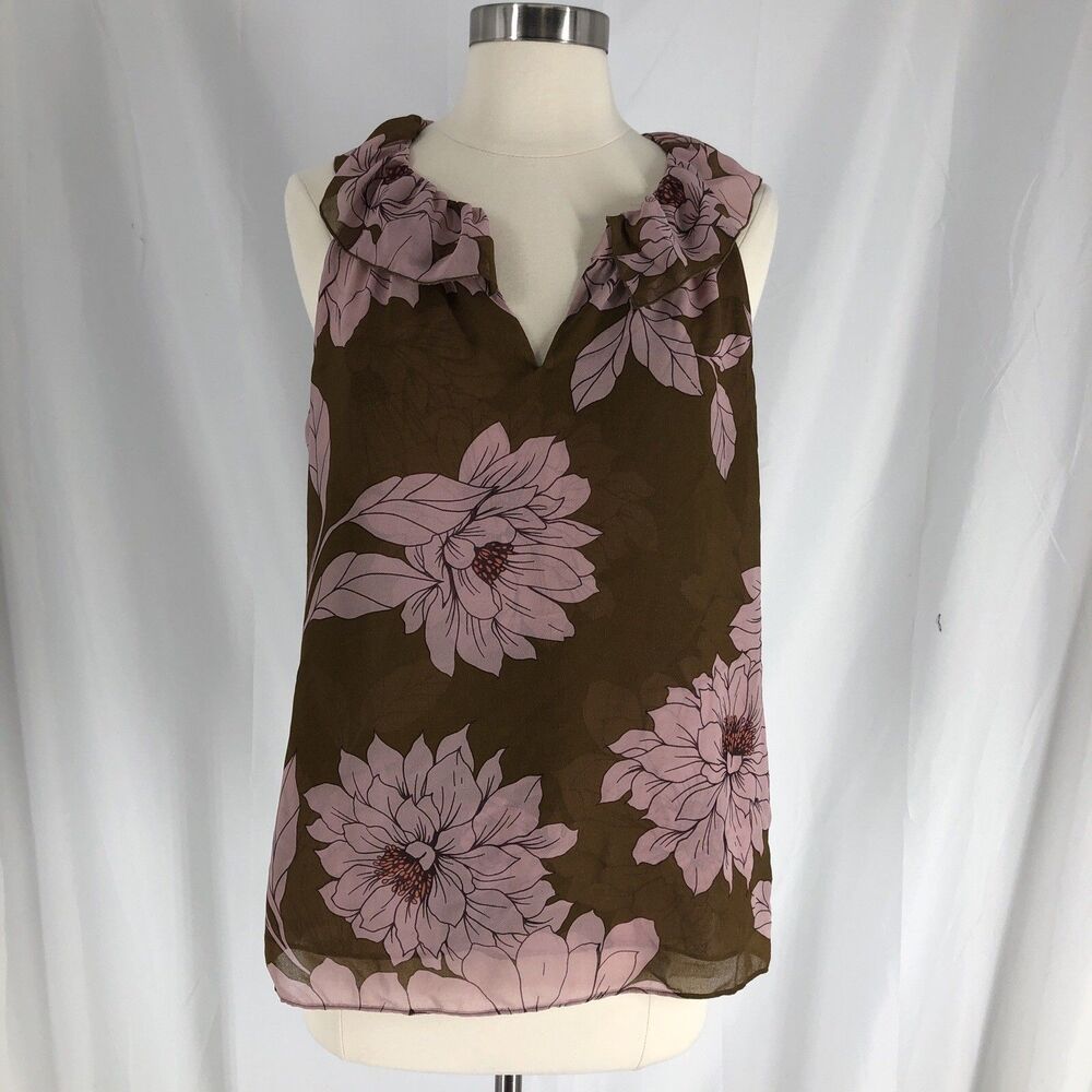 CAbi Women’s Floral Ruffle V-Neck Sleeveless Blouse Brown Pink Medium